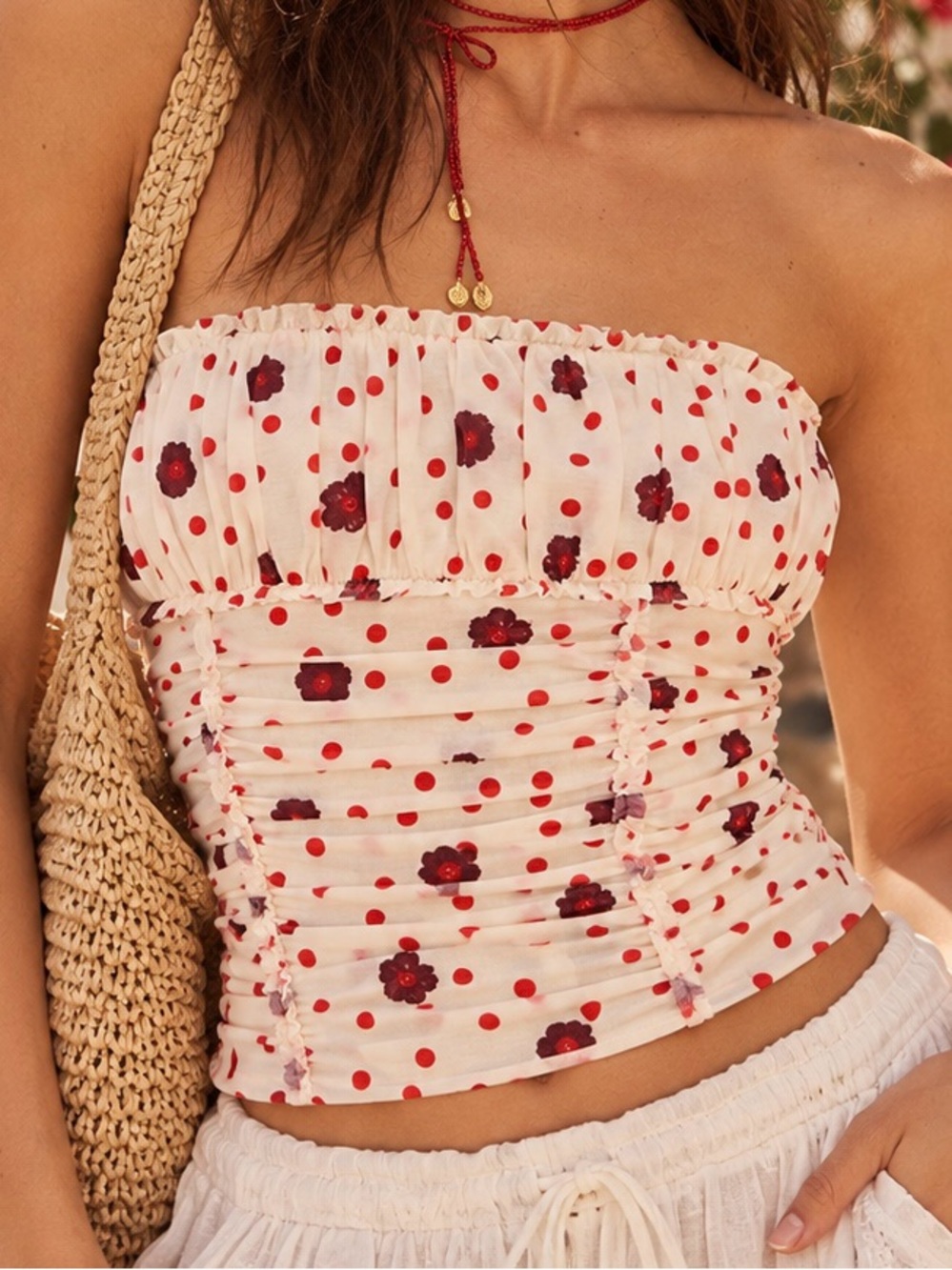 NWOT Free People ‘Scottie’ Printed Tube Top in Cream w/ Red Polka Dots Size XS